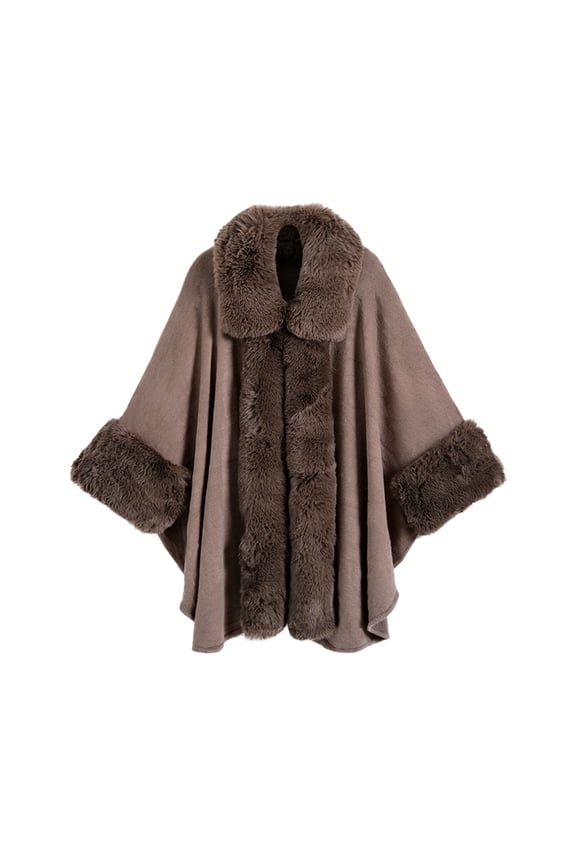 Faux Fur Shawl Wrap Winter Warm Knitted Cardigan Jacket Evening Cape for Women Khaki One Size
