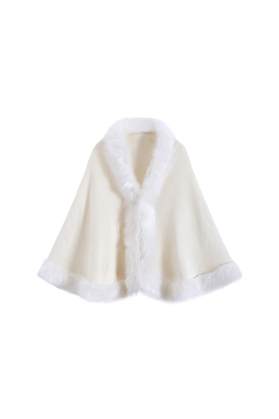 Faux Fur Shawl for Women Fur Cape Poncho with Fur Trim Solid Open Front Faux Fur Wrap White One Size