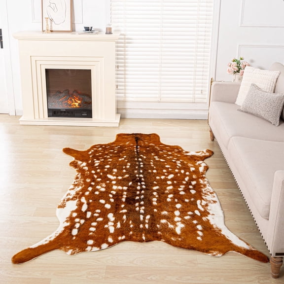 Faux Fur Sika Deer Print Carpet Artificial Animal Cowhide Skin Area Rug Mat For Home Office, Bedroom, Livingroom 5.2x6.5ft
