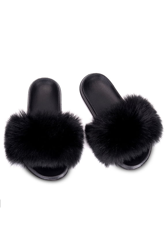 Faux Fur Slides – Cozy & Plush Slip-On Slippers for Women, Soft Indoor/Outdoor Comfort Sandals