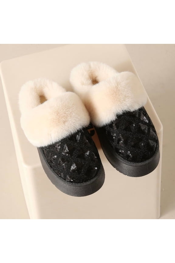 Faux Fur Slippers - Sequin-Embellished Warm Indoor Footwear for Women