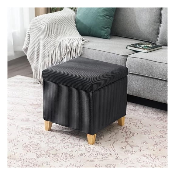 Faux Fur Storage Ottoman Cube, 18" High Fluffy Grey Foot Stool with Hinged Lid, Upholstered Small for Living Room Bedroom, Solid Wood Legs