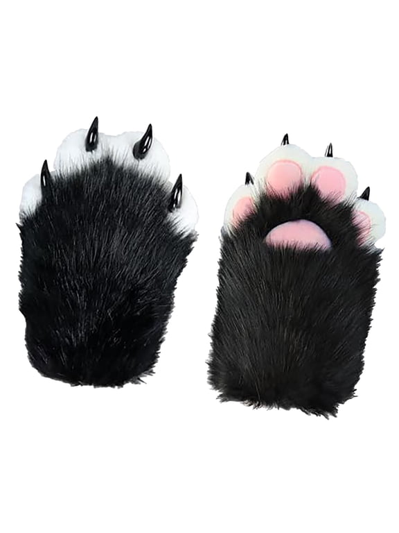 Faux Fur Therian Paws Realistic Wolf Paw Gloves Comfy Warm Furry Paws Cat Paw Gloves for Carnivals & Role Playing-11.8 Inch(Black)