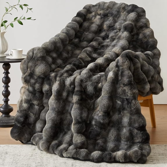 Faux Fur Throw Blanket, 1000GSM Fluffy Soft Bubble Blanket for Couch Bed, Cozy Plush Warm and Thick Blanket, Fuzzy Rabbit Blanket for Living Room Bedroom 60''*80'' Tie-dye Grey