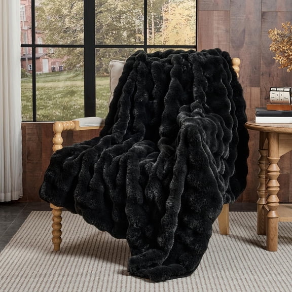 Faux Fur Throw Blanket Black - Big Bubble Rabbit Fluff Blanket for Couch, Small Fluffy Fuzzy Cozy Blanket, Thick Furry Plush Shaggy Blankets, 50x60 Inches