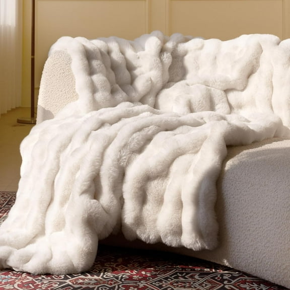 MY Faux Fur Throw Blanket Bubble Blanket 50x60 Inches Cream White
