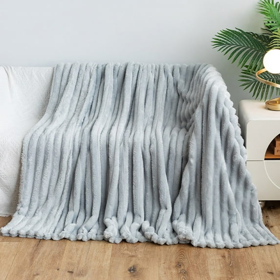 Faux Fur Throw Blanket for Couch, 3D Ribbed Plush Thick Warm Blanket, Cozy Fuzzy Fluffy Fur Luxurious Soft Striped Plush Gift Blankets for Family Sofa Chair Bed Living Room Bedroom