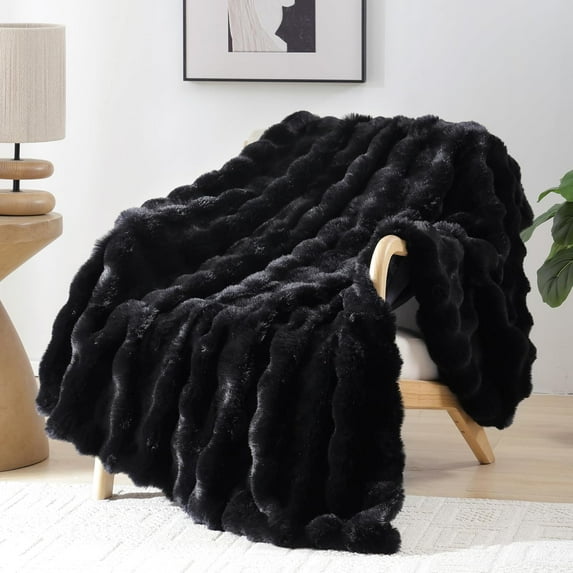 Faux Fur Throw Blanket for Couch – Black Fluffy Cozy Rabbit Fleece, Plush Soft Bubble Blanket for Sofa & Bed, for Mom, Warm Fuzzy Home Room Decor Throw 60" x 80"