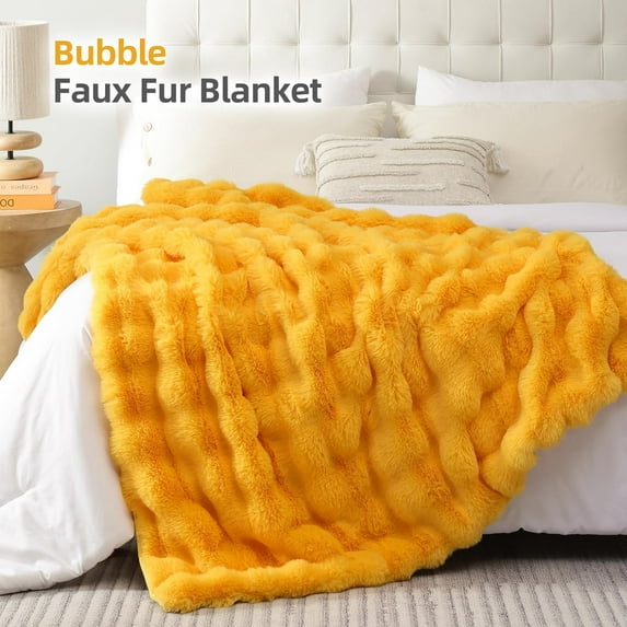 Faux Fur Throw Blanket for Couch – Mustard Yellow Fluffy Cozy Rabbit Fleece, Plush Soft Bubble Blanket for Sofa & Bed, for Mom, Warm Fuzzy Home Room Decor Throw 60" x 80"