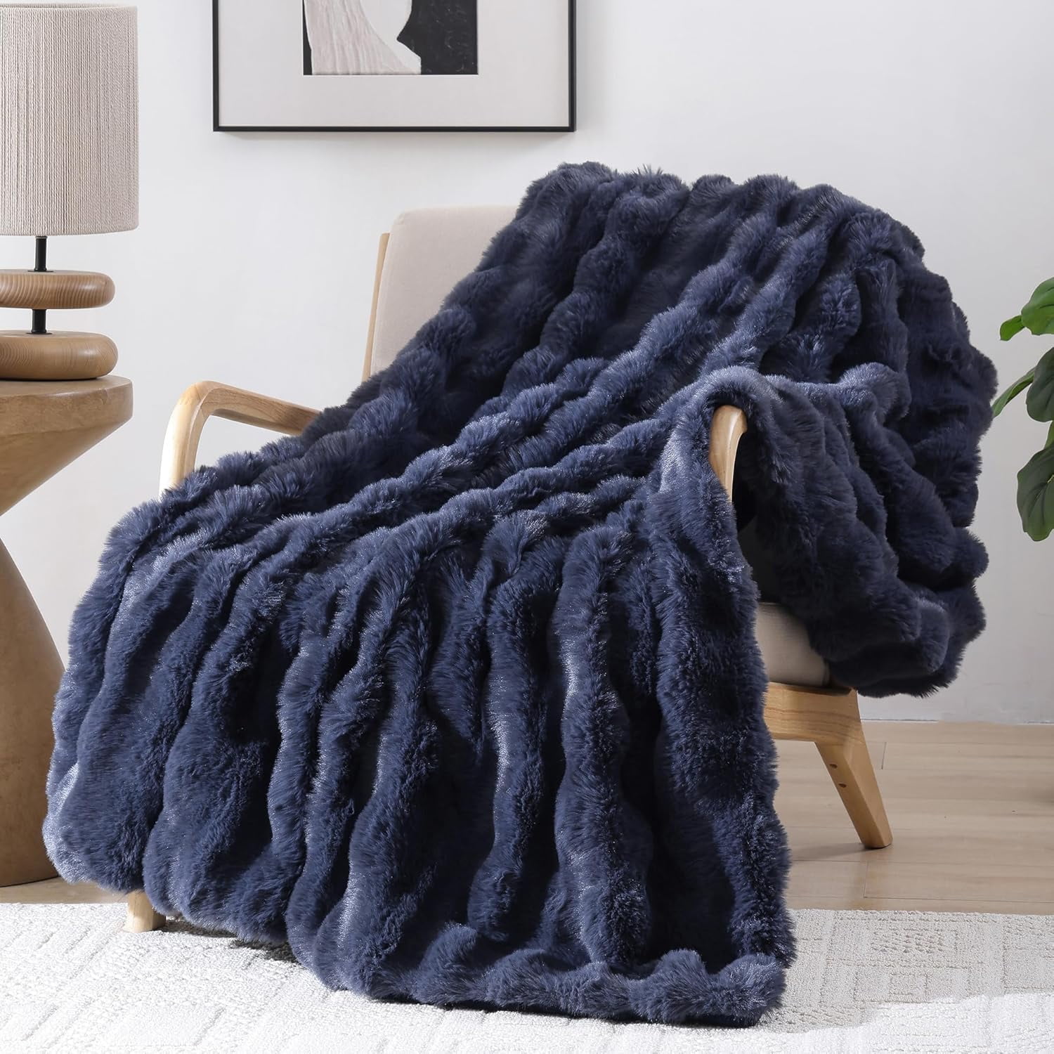 Faux Fur Throw Blanket for Couch – Navy Blue Fluffy Cozy Rabbit