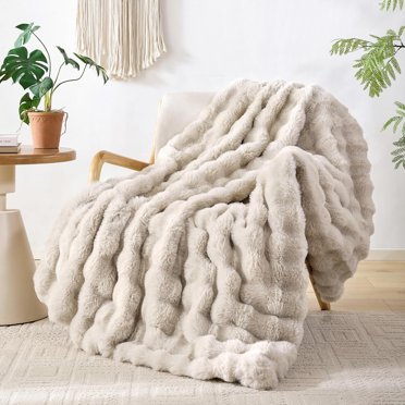HomeSoftThings Thick Stripe Rabbit Faux Fur Throw Blanket - Luxury Warm Soft Cozy Fluffy