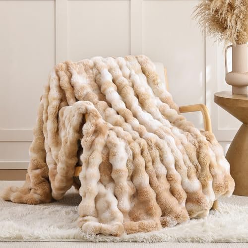 Faux Fur Throw Blanket for Couch – Tie-dye Camel Fluffy Cozy Rabbit Fleece, Plush Soft Bubble Blanket for Sofa & Bed, for Mom, Warm Fuzzy Home Room Decor Throw 50" x 60"