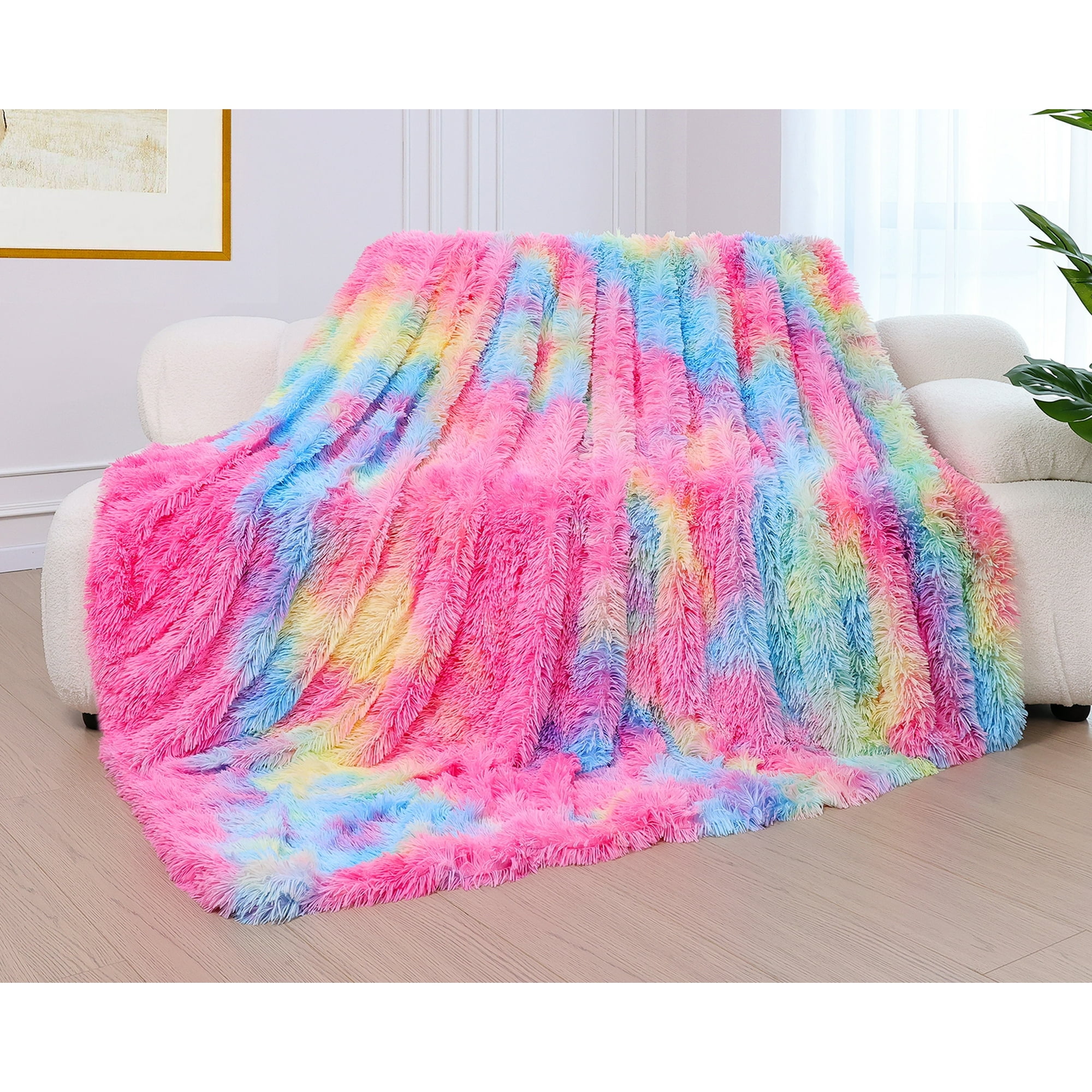 Faux Fur Throw Blanket Each One is The Only Rainbow Blanket, Fluffy