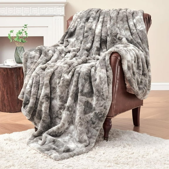 Faux Fur Throw Blanket, Soft Fluffy Cozy Blanket for Couch, Luxury Mink Blanket Warm Bed Throw, Plush Christmas Birthday Gifts for Women, Room Home Dorm Decor, Marbled Gray 50" x 60", 600GSM
