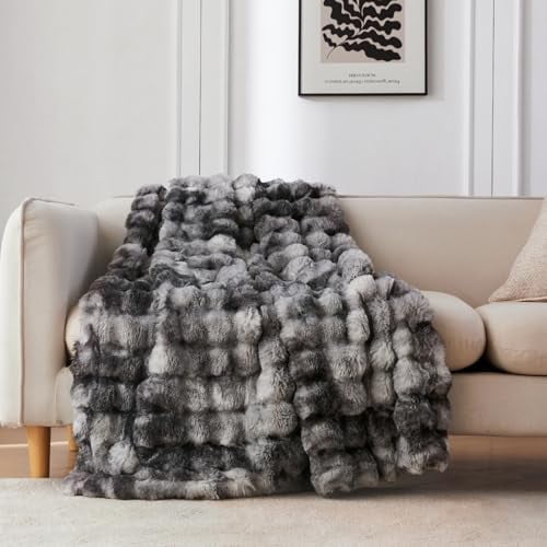 Faux Fur Throw Blanket for Couch, Cozy Soft and Fuzzy Plush Rabbit Fur Bubble Blanket for Sofa Bedroom Living Room, 60x80 Inches Tie Dye Light Grey