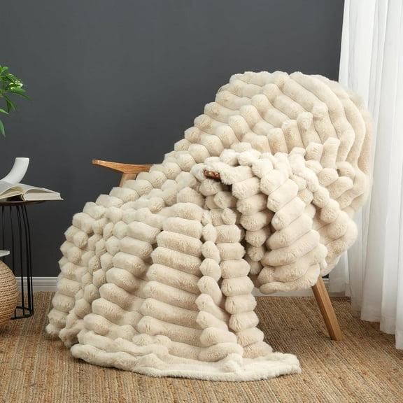 Faux Fur Throw Blanket for Couch, Cozy Warm Plush Striped Blanket for Sofa Bedroom Living Room, 50 * 60 Inches Beige