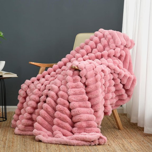 Faux Fur Throw Blanket for Couch, Cozy Warm Plush Striped Blanket for Sofa Bedroom Living Room, 50 * 60 Inches Hot Pink