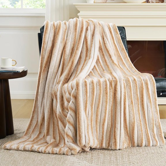 Faux Fur Throw Blanket for Couch, Cozy Warm Plush Striped Blanket for Sofa Bedroom Living Room,50 * 60 Inches Khaki