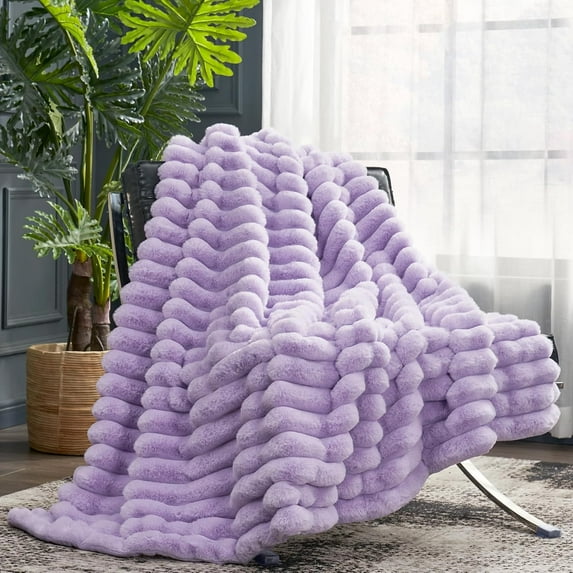 Faux Fur Throw Blanket for Couch, Cozy Warm Plush Striped Blanket for Sofa Bedroom Living Room, 50 * 60 Inches Lavender