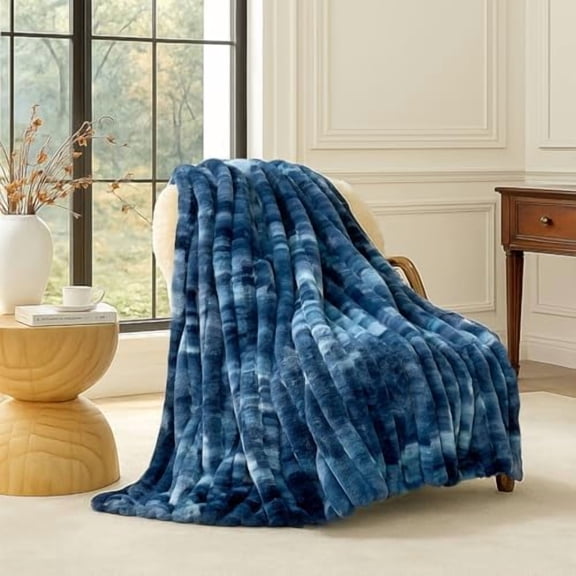 Faux Fur Throw Blanket for Couch, Cozy Warm Plush Striped Blanket for Sofa Bedroom Living Room, 50 * 60 Inches Tie-dye Blue