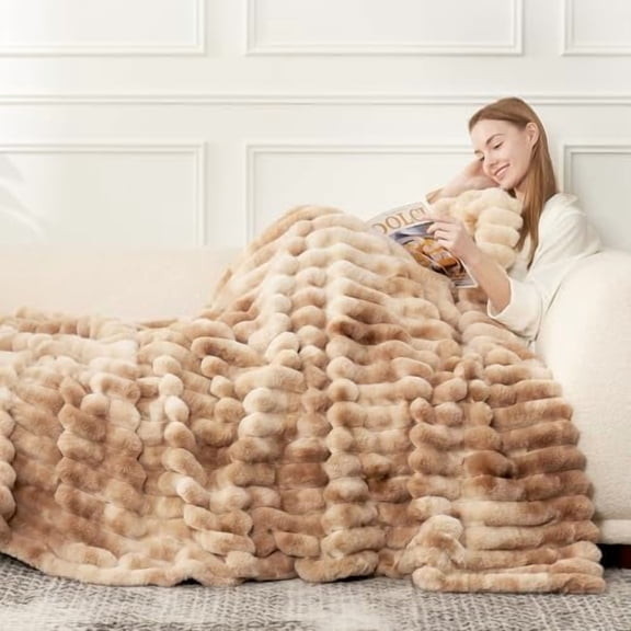 Faux Fur Throw Blanket for Couch, Cozy Warm Plush Striped Blanket for Sofa Bedroom Living Room, 60 * 80 Inches Tie-dye Khaki