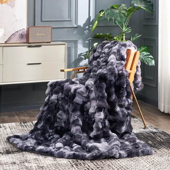 Faux Fur Throw Blanket for Couch, Fuzzy Soft Plush Thick Bubble Blanket for Sofa Bedroom Living Room,50 * 60 Inches Tie Dye Black