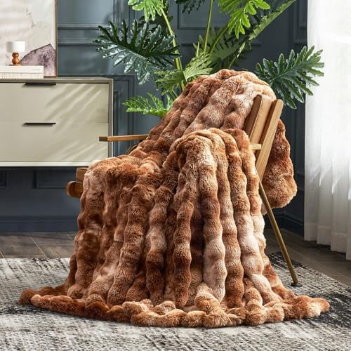 Faux Fur Throw Blanket for Couch, Fuzzy Soft Plush Thick Bubble Blanket for Sofa Bedroom Living Room, 50 * 60 Inches Tie Dye Brown
