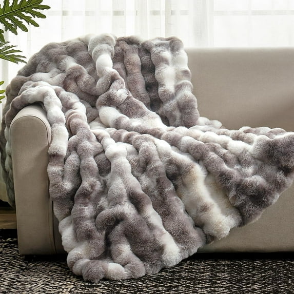 Faux Fur Throw Blanket for Couch, Fuzzy Soft Plush Thick Bubble Blanket for Sofa Bedroom Living Room, 50 * 60 Inches Tie-dye Taupe