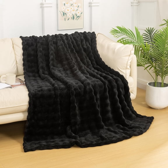 Faux Fur Throw Blanket with 3D Bubbles Super Soft Fuzzy Cozy Thick Blanket for Couch Chair Sofa Gift Home
