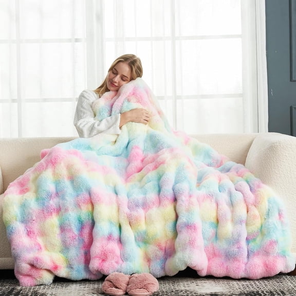 Faux Fur Throw Blanket with Bubble Texture 60 x 80 Inches Tie-Dye Rainbow