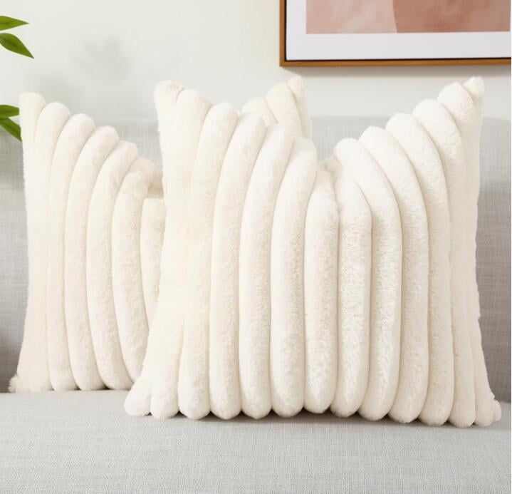 Cream White Striped Faux Fur 18x18 Euro Pillow Covers Set