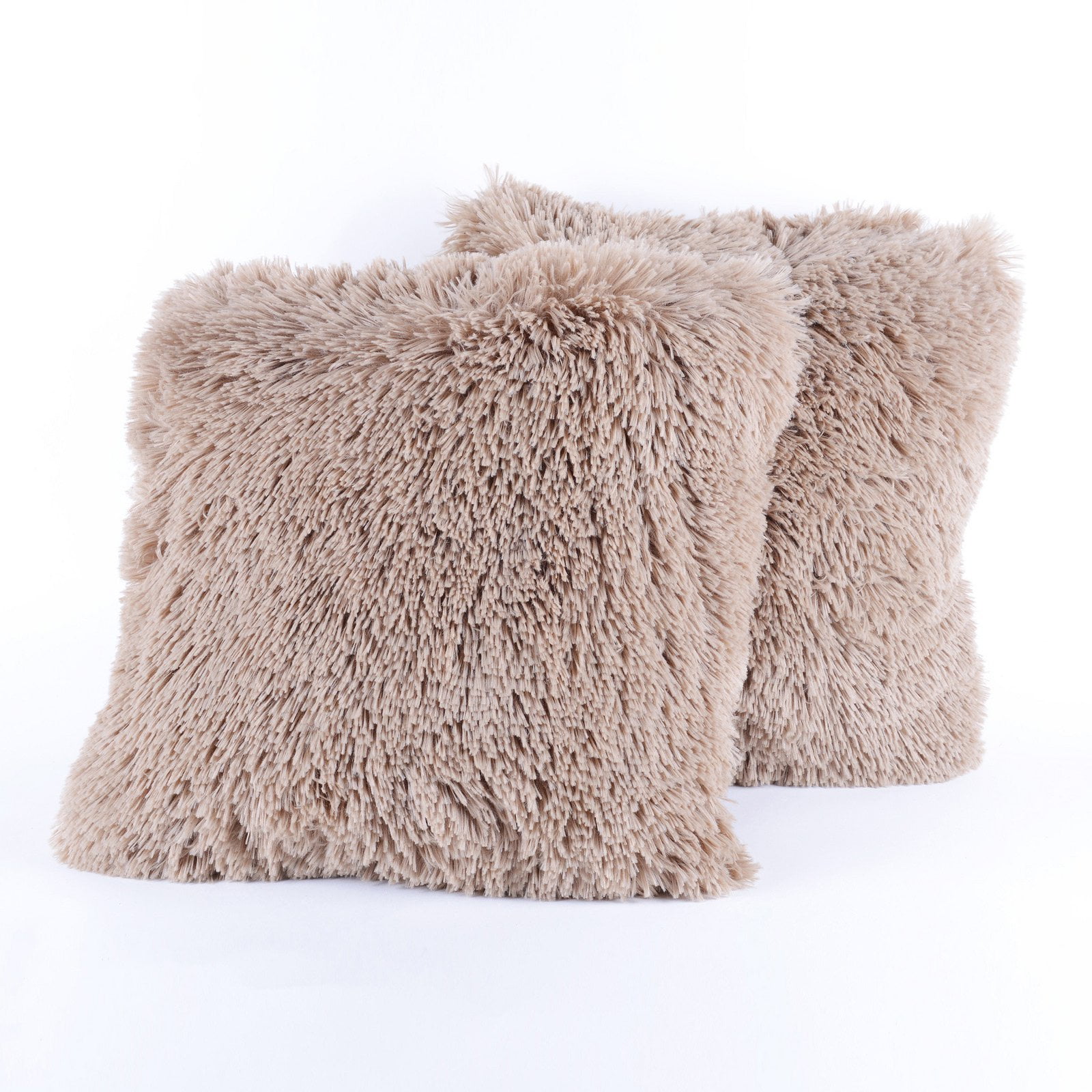 Taupe Faux Fur Plush Square Kids Throw Pillows Set