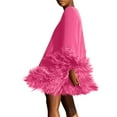 thumbnail image 1 of Faux Fur Trim Dress, Solid Color Round Neck Long Sleeve Bodycon Midi Dress, Glamorous Winter Party Dress for Holiday & New Year's Eve Hot Pink 2XL, 1 of 5