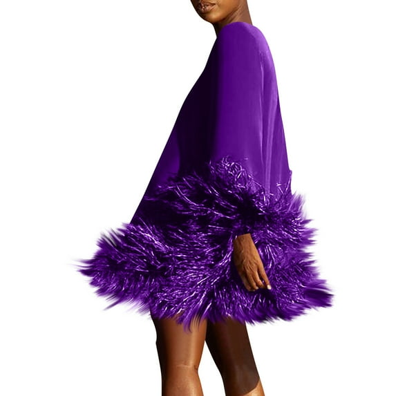 Faux Fur Trim Dress, Solid Color Round Neck Long Sleeve Bodycon Midi Dress, Glamorous Winter Party Dress for Holiday & New Year's Eve Purple S