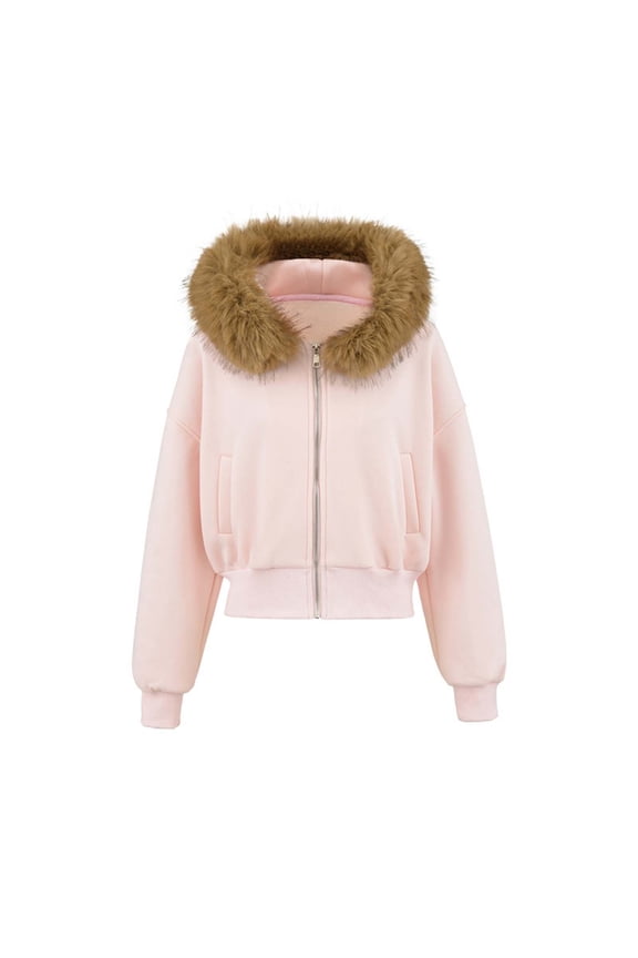 Faux Fur Trim Hoodies for Women Y2k Long Sleeve Cropped Sweatshirt Zip Up Jacket with Fur Hood Vintage Outfit Fall Winter Outfits Fashion Tops