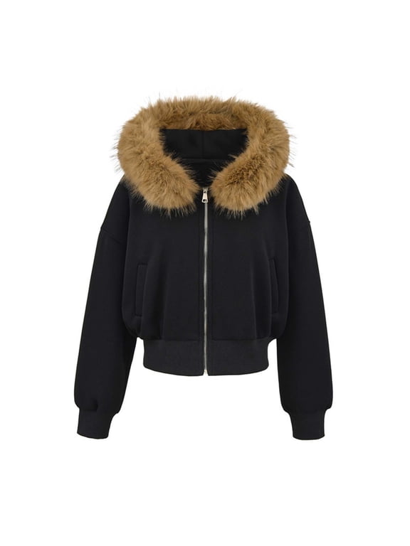 Faux Fur Trim Hoodies for Women Y2k Long Sleeve Cropped Sweatshirt Zip Up Jacket with Fur Hood Vintage Outfit Fall Winter Outfits Fashion Tops