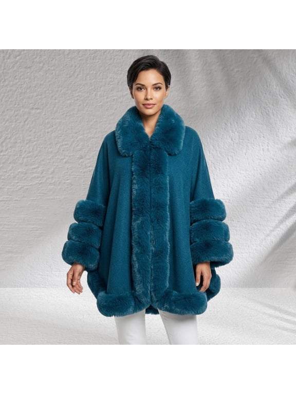 Faux Fur Trim Open Front Cape Coat Poncho