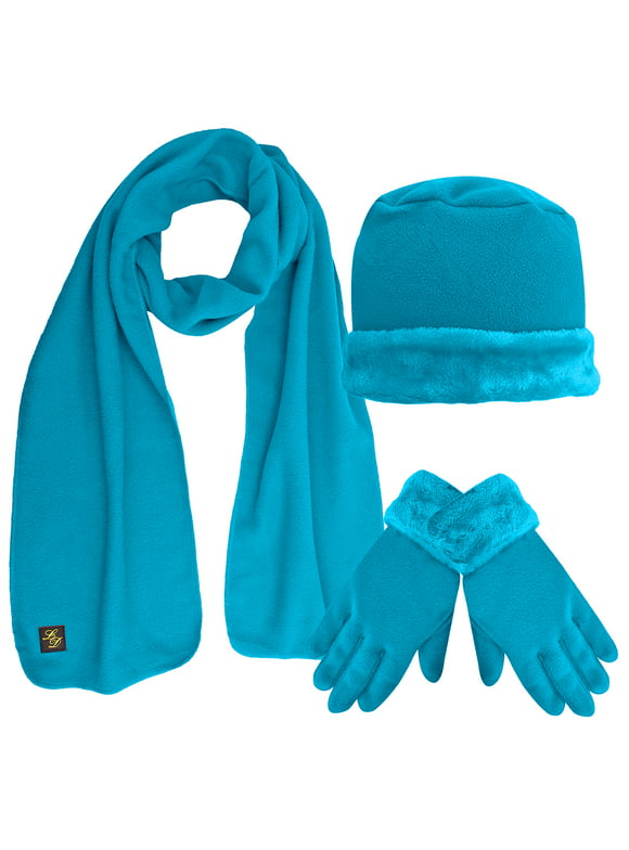 Faux Fur Trim Turquoise Fleece 3 Piece Hat Scarf & Glove Set