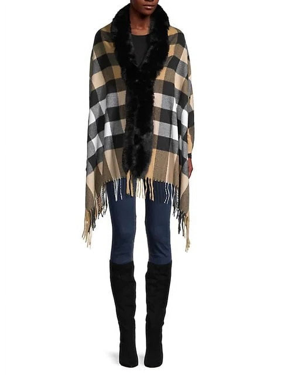 Faux Fur-Trim Wool-Blend Plaid Wrap