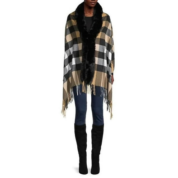 Faux Fur-Trim & Wool-Blend Plaid Wrap