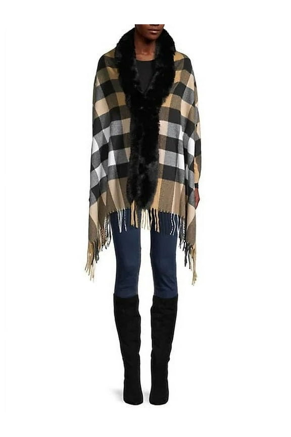 Faux Fur-Trim & Wool-Blend Plaid Wrap
