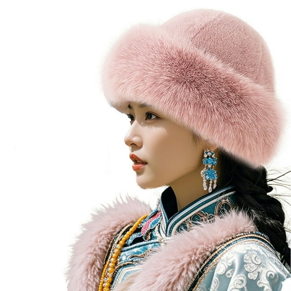 Faux Fur Trimmed Beanie Cap, Winter Warm Soft Classy Russian Hat for Women Girl