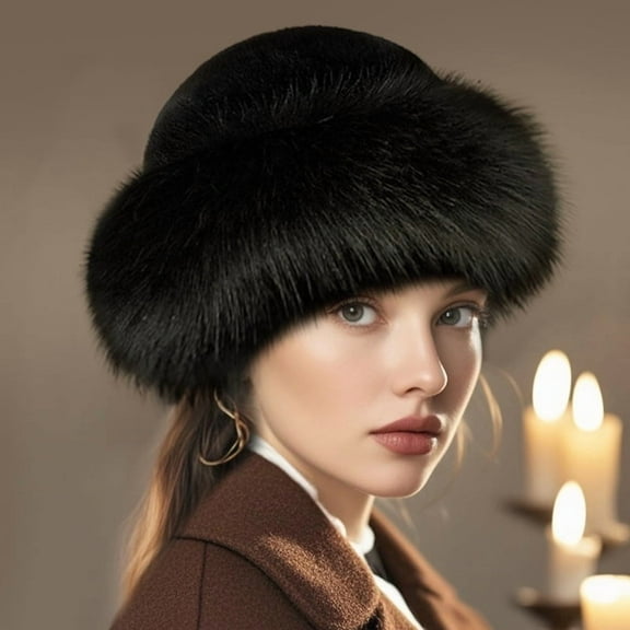 Faux Fur Trimmed Beanie Cap, Winter Warm Soft Classy Russian Hat for Women Girl