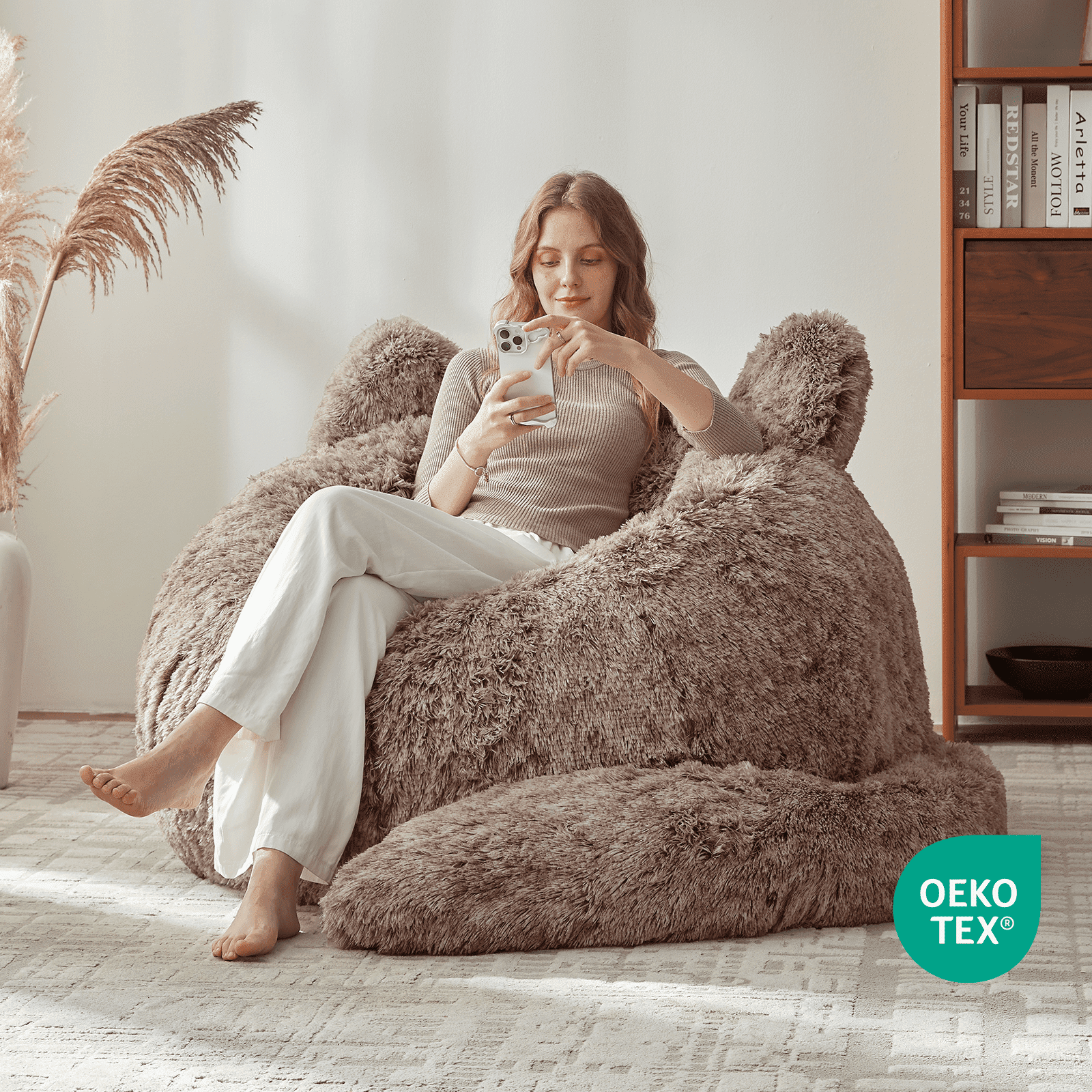 Ebenchico 3.6ft Cat Shaped Bean Bag Chair for Adults Teens Kids, Giant Faux Fur Plush Beanbag Chairs with Filler, Brown