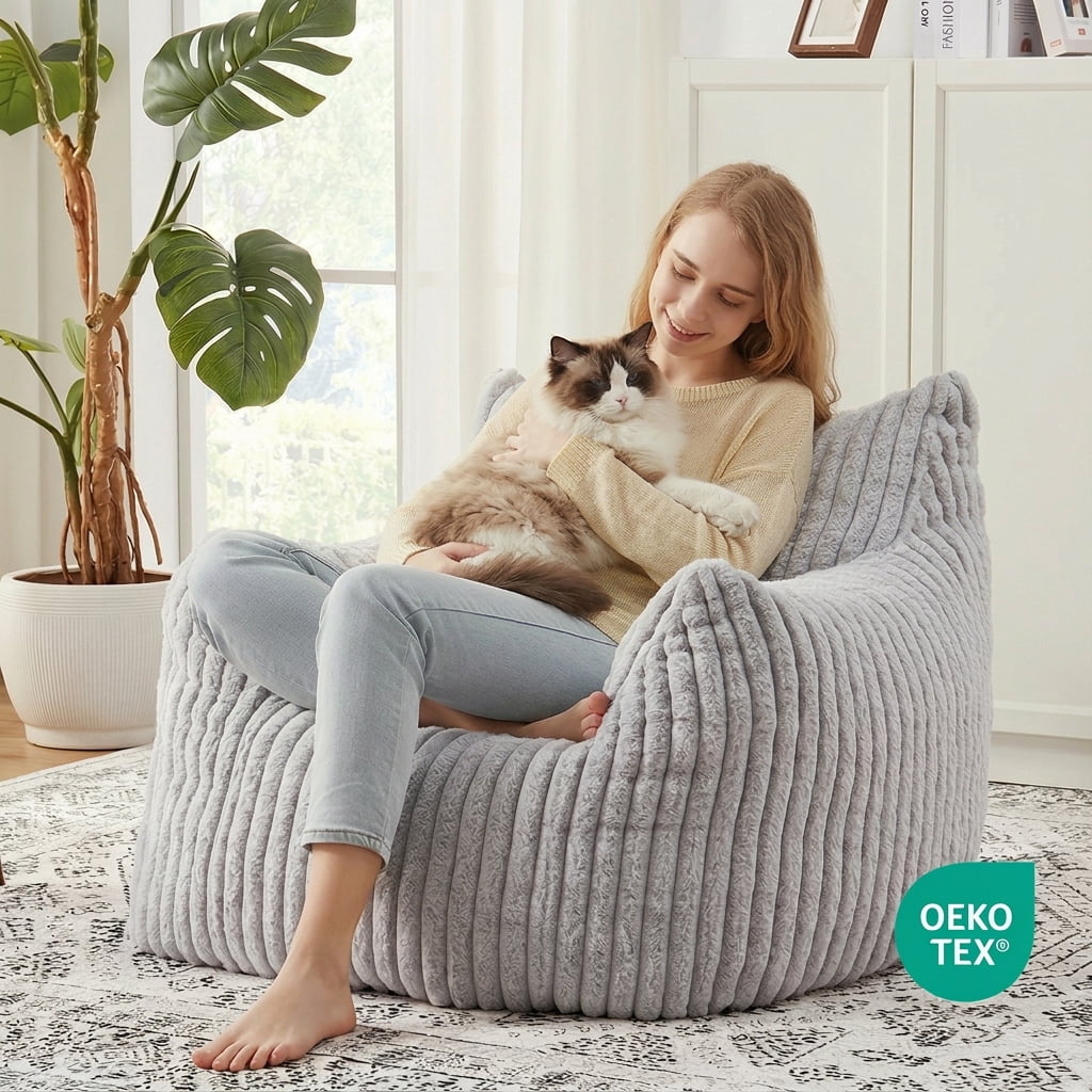 Ebenchico 3ft Bean Bag Chair for Adults Teens Kids with Armrests, Striped Fuzzy BeanBag Chairs with Filling, Light Gray