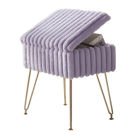 Ebenchico Faux Fur Uphosltered Vanity Stool with Storage and Metal Legs, Purple