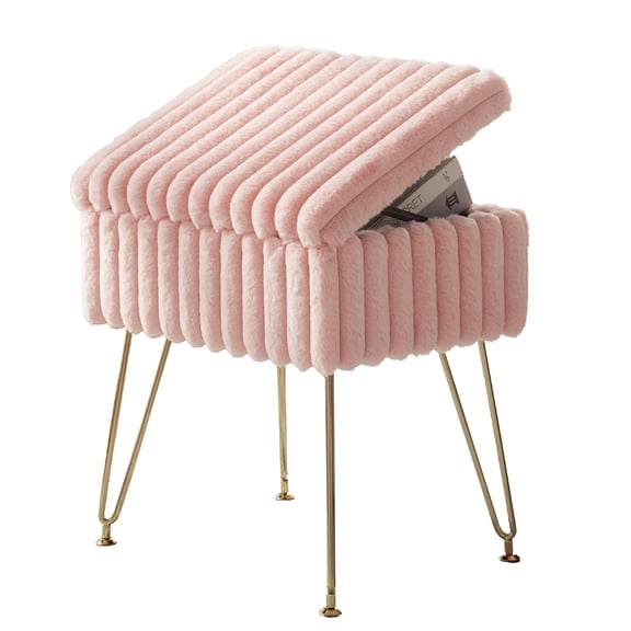 Ebenchico Faux Fur Uphosltered Vanity Stool with Storage and Metal Legs, Pink