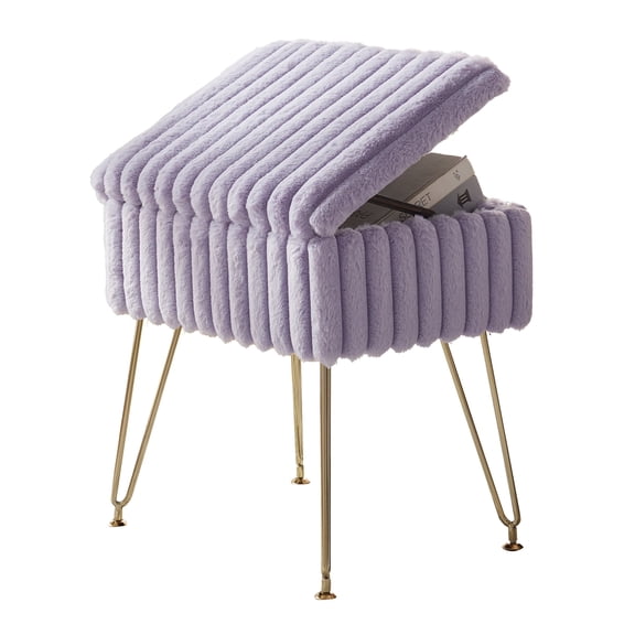 Ebenchico Faux Fur Uphosltered Vanity Stool with Storage and Metal Legs, Purple