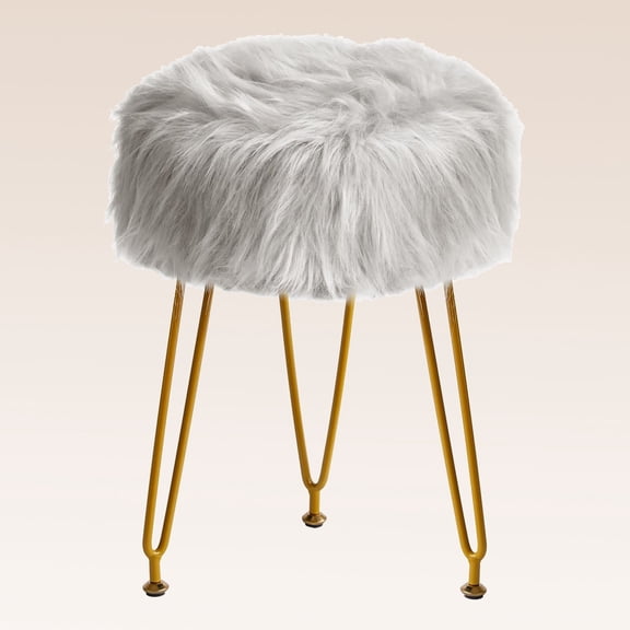 Faux Fur Vanity Stool Chair, Furry Makeup Stool Ottoman, Soft Padded Seat, Round Footrest Footstools with Metal Legs, for Living Room Bedroom Entryway, Gray