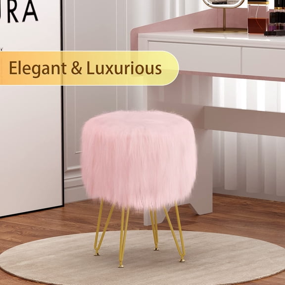 Faux Fur Vanity Stool Chair with Storage, Pink Round Footrest Ottoman with Soft Padded Seat, Adjustable Metal Legs for Makeup Room, Bedroom or Bathroom